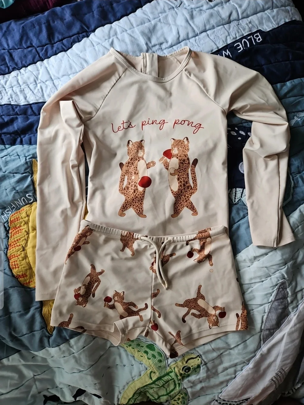 Kids Beige Leopard Ping Pong Rashguard Set - Long Sleeve Top & Swim Shorts